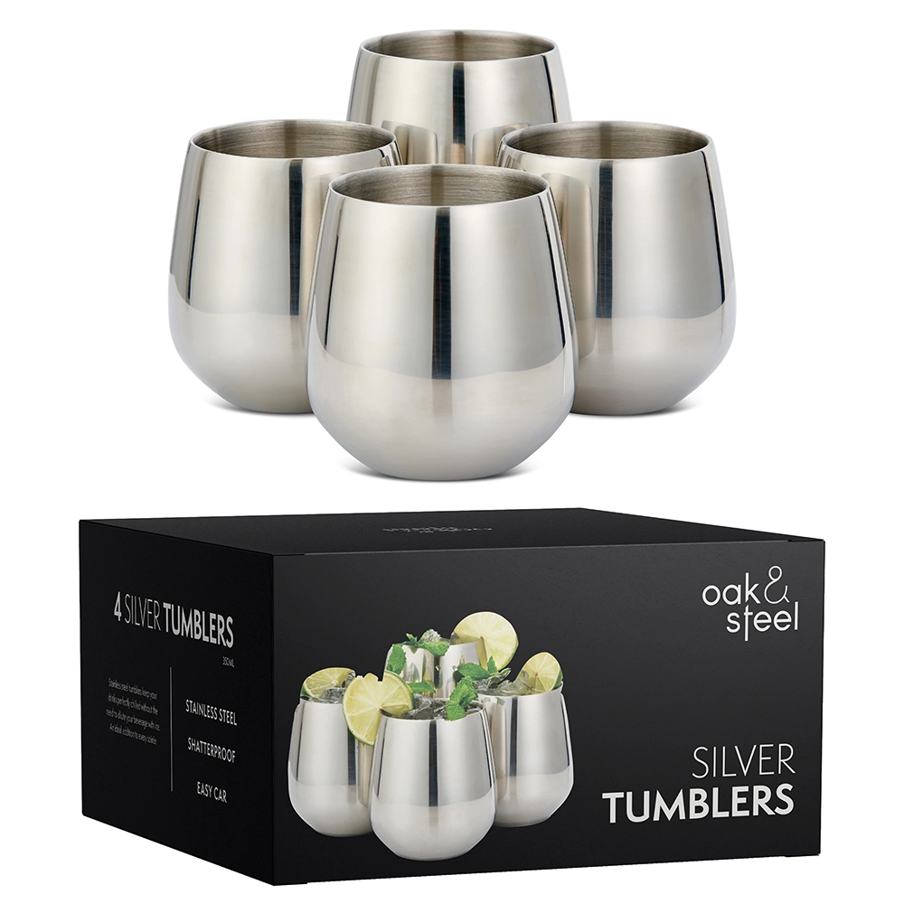 Чаши за коктейли Oak&Steel - Silver Tumblers, 4 чаши по 350мл и 4 сламки - 4