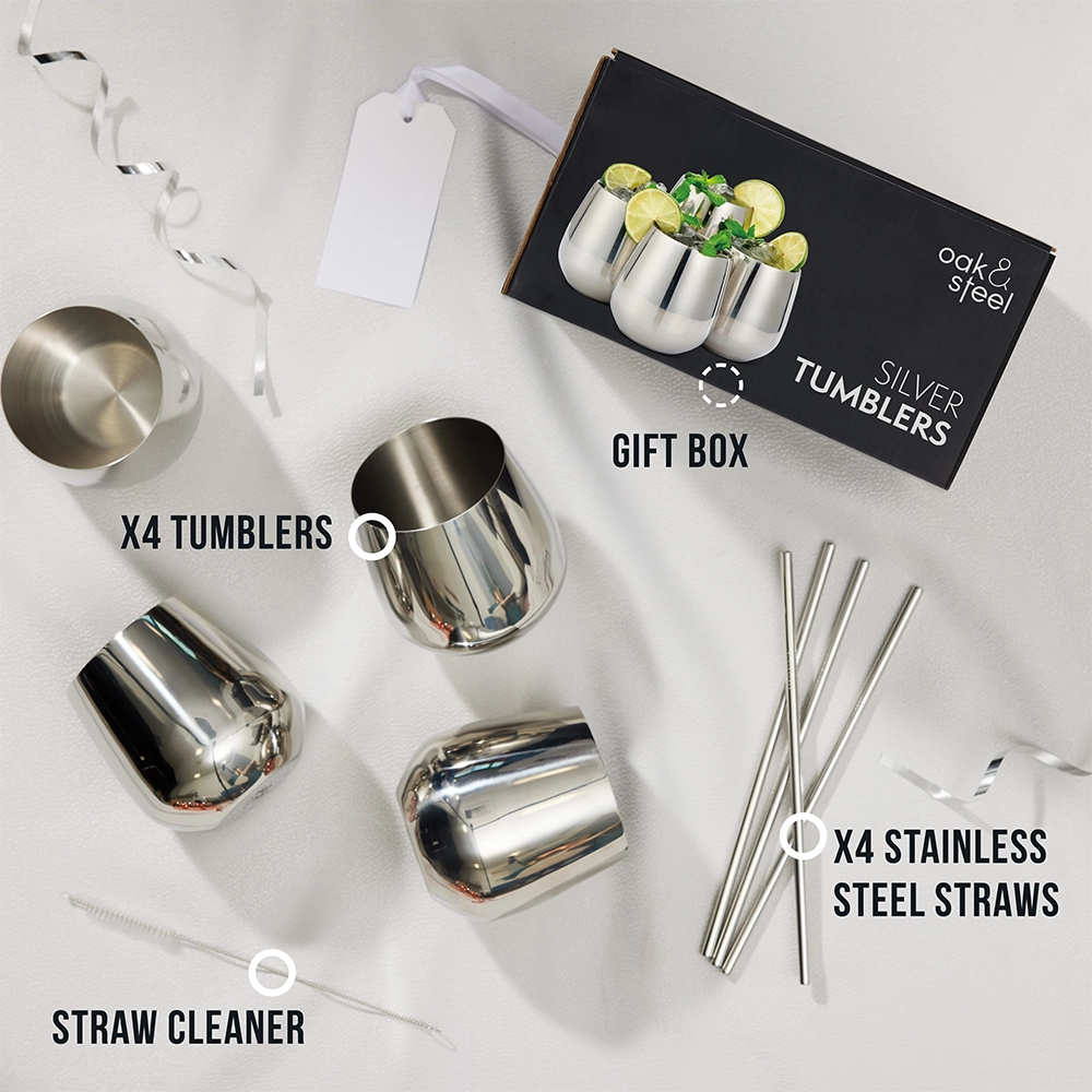 Чаши за коктейли Oak&Steel - Silver Tumblers, 4 чаши по 350мл и 4 сламки - 3