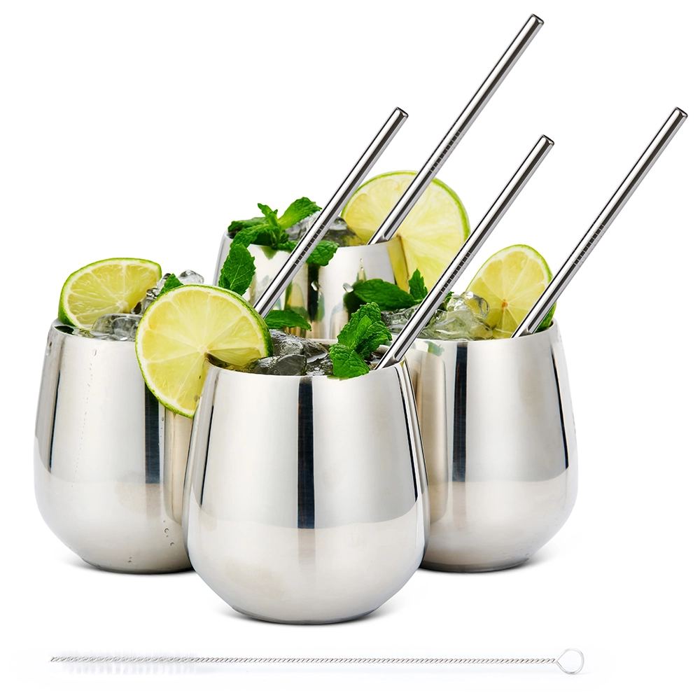 Чаши за коктейли Oak&Steel - Silver Tumblers, 4 чаши по 350мл и 4 сламки
