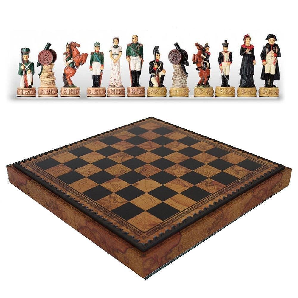 Италиански комплект шах и табла Italfama - Napoleon vs Russians, кожена кутия, 35 x 35 см