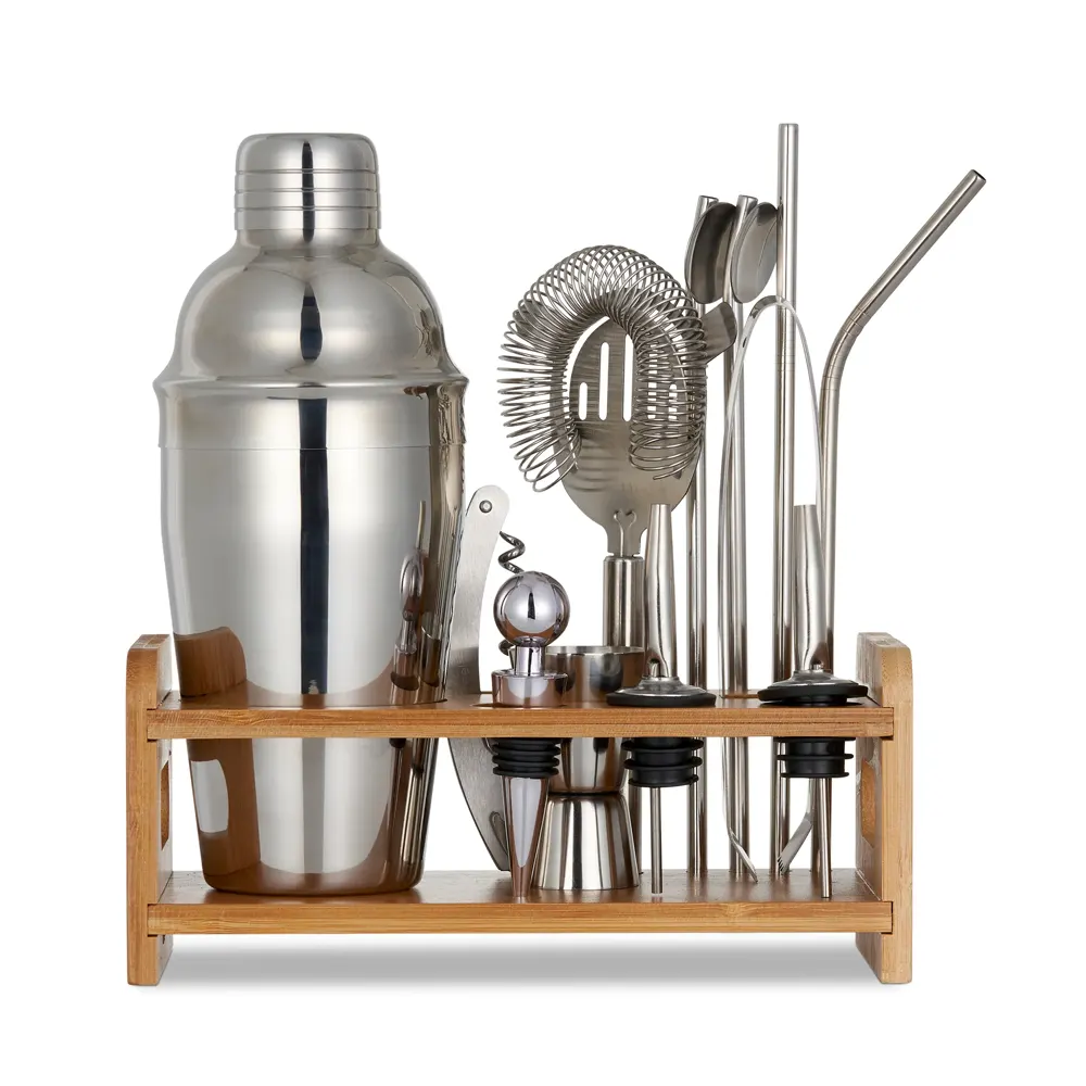 Комплект за коктейли Oak & Steel, 13 части, бамбукова стойка