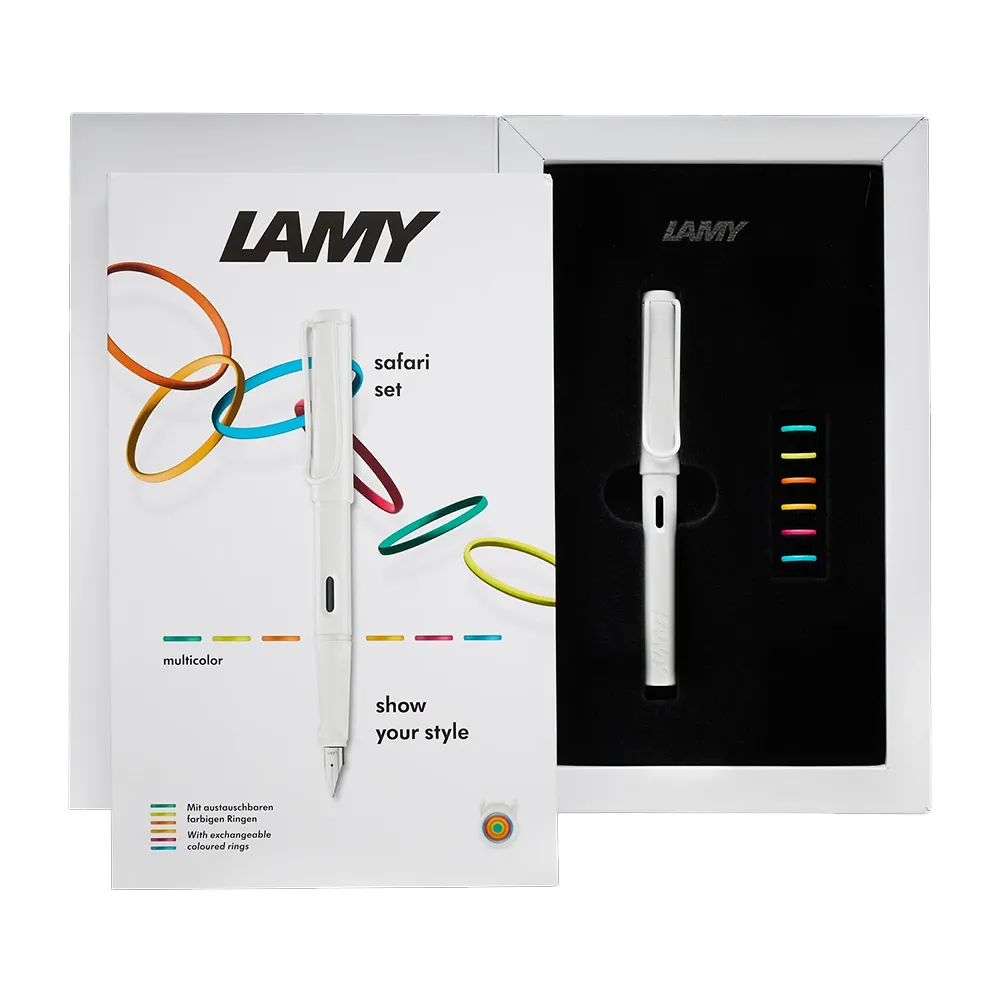 Писалка Lamy - Safari White Special Edition, F перо, в комплект с 6 разноцветни пръстенa