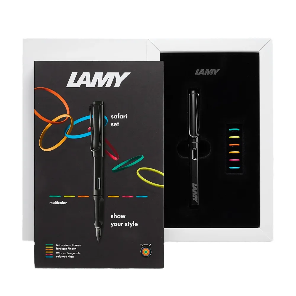 Писалка Lamy - Safari Black Special Edition, F перо, в комплект с 6 разноцветни пръстенa