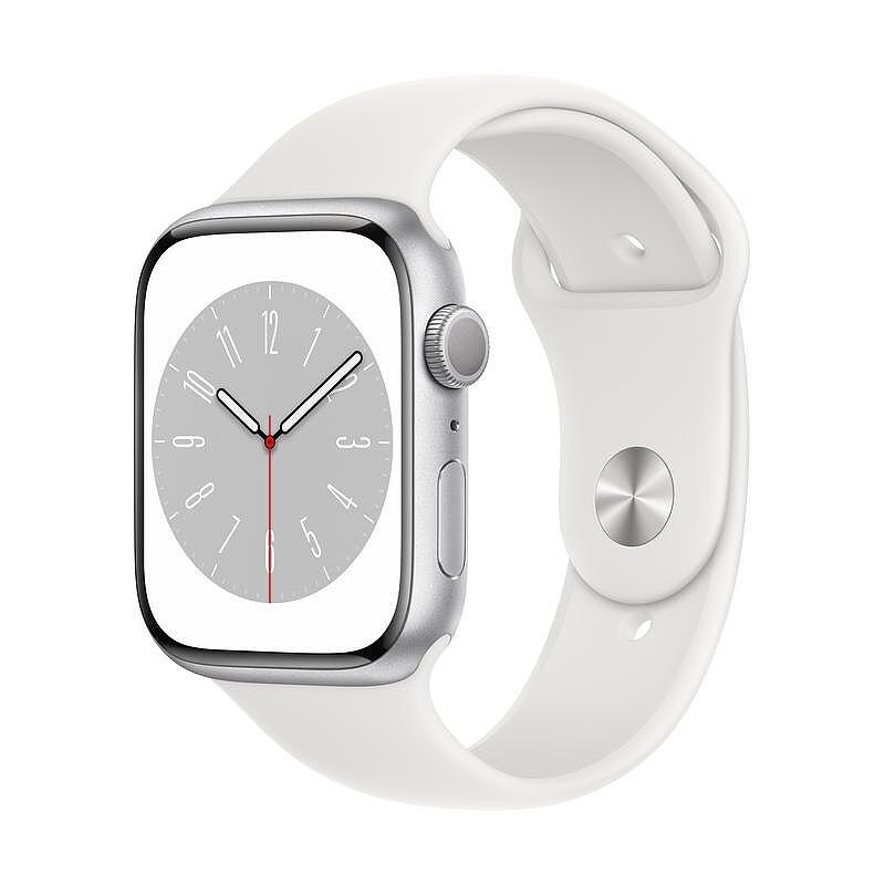 Смарт часовник Apple Watch 8 45mm Silver/White Band mp6n3 , 1.90 , 45.00 , Apple S8 64-bit Dual Core , Watch OS 9 Изображение