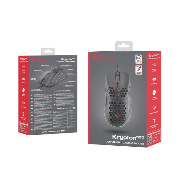 Genesis Light Weight Gaming Mouse Krypton 550 8000 DPI RGB Software Black Изображение