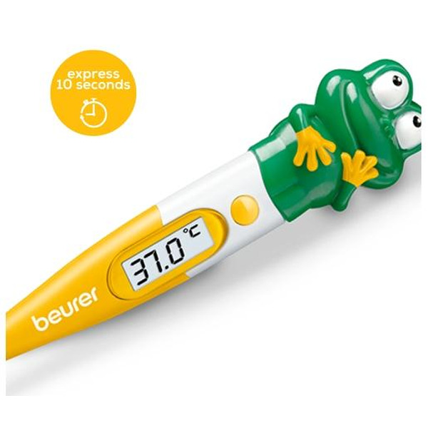 Beurer BY 11 Frog clinical thermometer, Contact-measurement technology, temperature alarm as from 37.8 C°, Display in C° and F°, Flexible measuring tip; Protective cap; Waterproof tip and