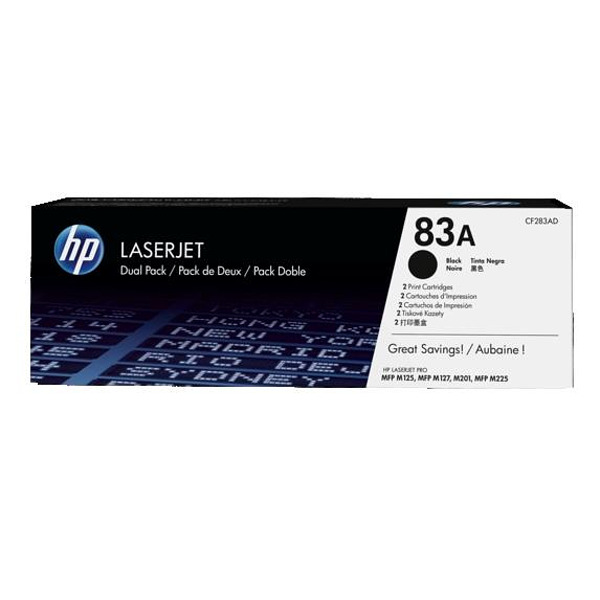 HP 83A 2-pack Black Original LaserJet Toner Cartridge (CF283AD) Изображение
