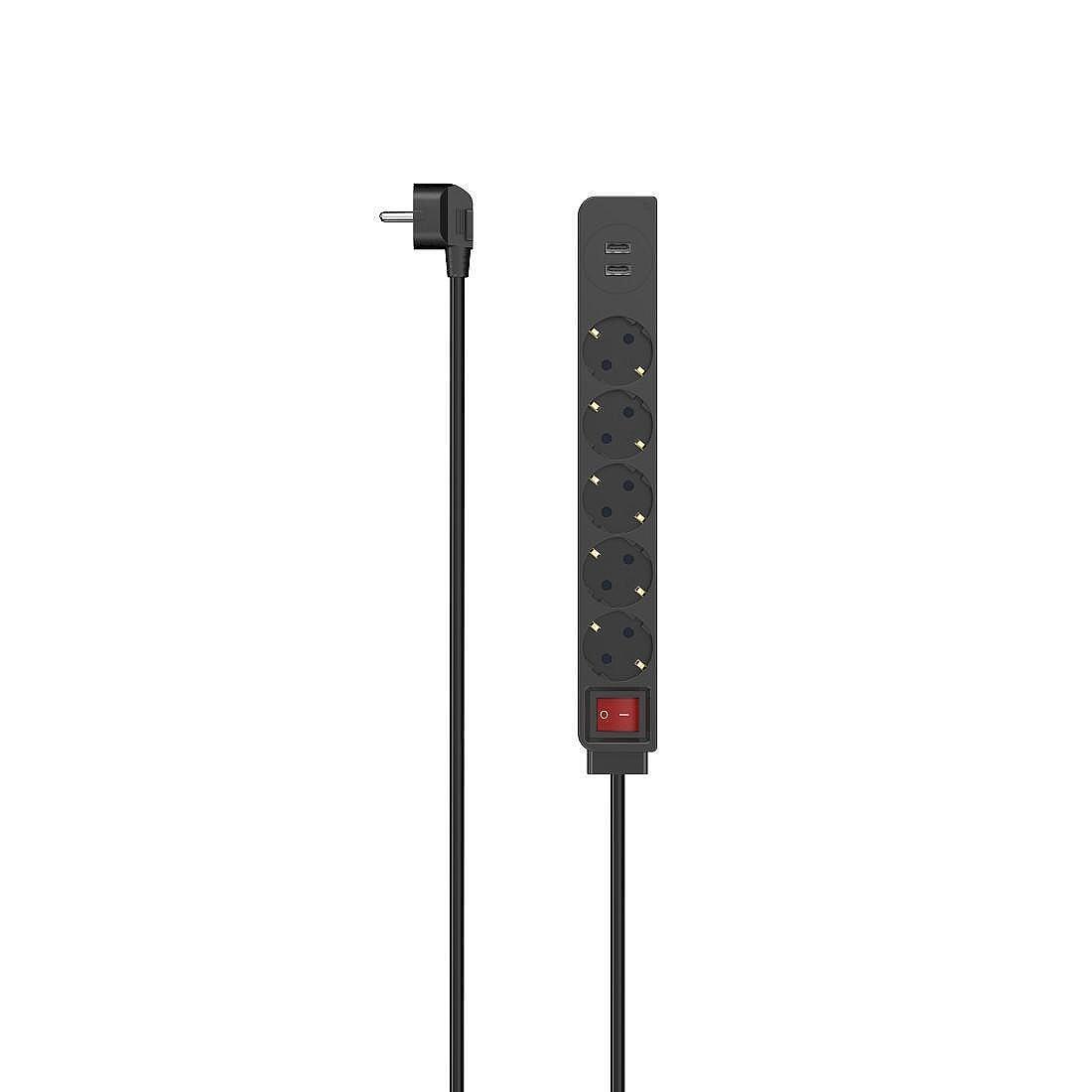 HAMA Разклонител, 5 гнезда, 2 x USB-A 17 W, 3400mA, 1.4м, 3680W, черен Изображение
