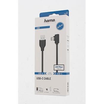 Кабел HAMA USB-C мъжко- USB A, 90°, 0.75 м, USB 2.0, 480Mbit/s, Черен Изображение