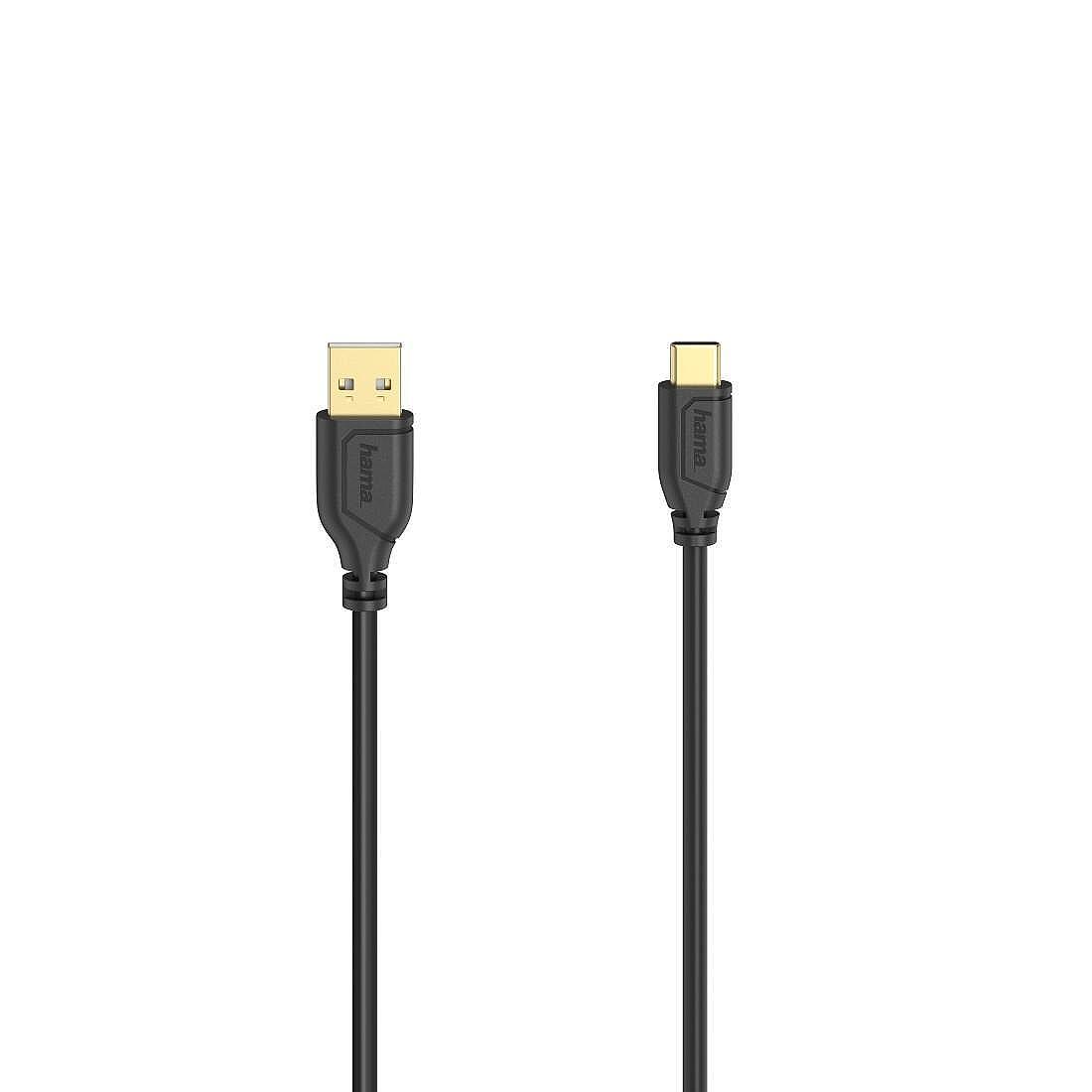Кабел Hama Flexi-Slim USB-C - USB-A 2.0 мъжко, 0.75м,тънък, позлатен, черен Изображение