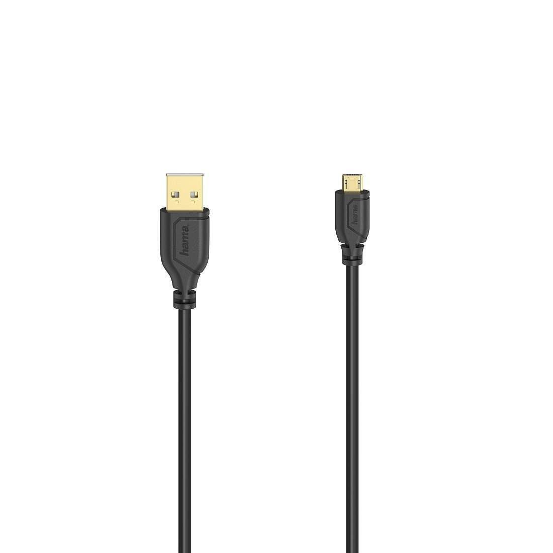 Кабел HAMA Flexi-Slim, USB 2.0 мъжко - micro USB мъжко, 0.75 м., Позлатени конектори, Черен Изображение