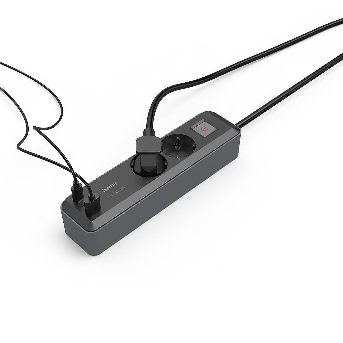 Разклонител Hama ,2-гнезда, USB-C/A 65 W, PD, ключ on/off , 1.4 m, черен/сив Изображение