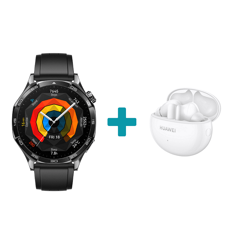 Пакет смарт часовник Huawei WATCH GT 5 BLACK 46mm Vili-B19F 55020DKM + слушалки с микрофон Huawei FREEBUDS 5i CERAMIC WHITE 55036654