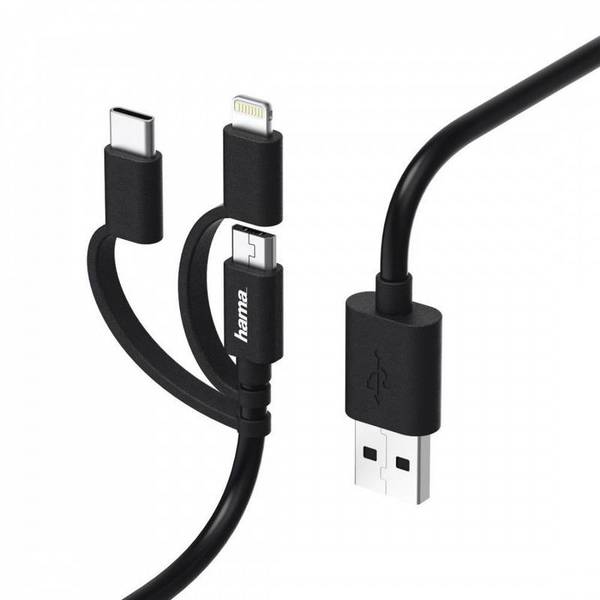 Кабел Hama 183347 3 in 1 USB to microUSB/TYPE-C/Lightning 1M Изображение