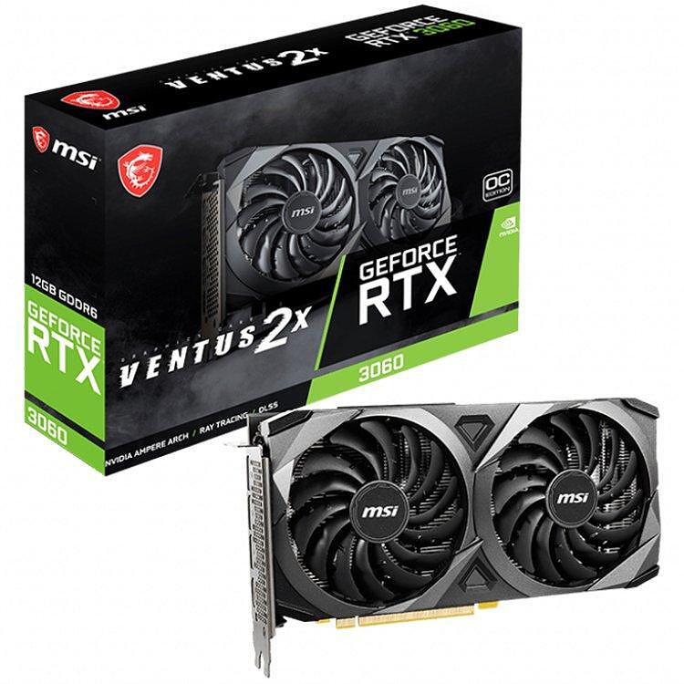 MSI Video Card Nvidia GeForce RTX 3060 VENTUS 2X 12G OC 12GB GDDR6 192 bit 360 GB s 15 Gbps Effective Memory Clock 1807 MHz Boost 3584 CUDA Cores PCIe 4.0 3x DisplayPort 1.4a HDMI