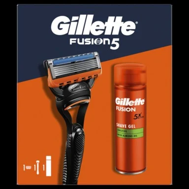 Gillette Fusion 5 Самобръсначка с едно ножче + Sensitive Гел за бръснене, 200 мл + Кутия за съхранение
