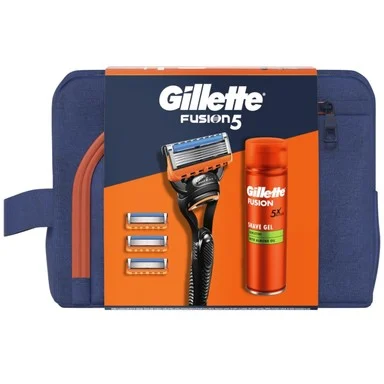 Gillette Fusion 5, Самобръсначка с 1 ножче + 3 резервни ножчета + Гел за бръснене, 200 мл + Несесер