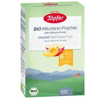 Töpfer Bio, Млечна био каша ябълка с банан и портокал 6+ месеца, 200 гр.