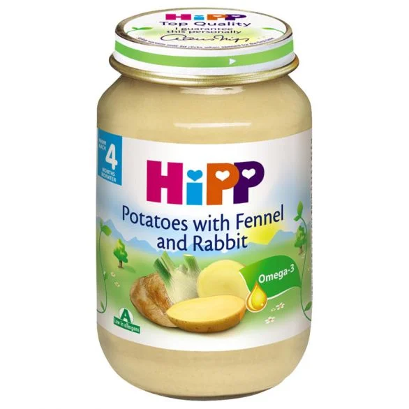 HiPP organic, пюре от картофи с копър и заешко, 4+ месеца, 190 гр.