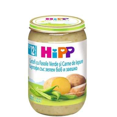 HiPP Bio,  пюре от картофи със зелен боб и заешко, 12+ месеца, 220 гр.