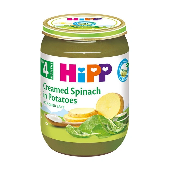 HiPP Bio, зеленчуково пюре със спанак, сметана и картофи, 4+ месеца,  125 гр.