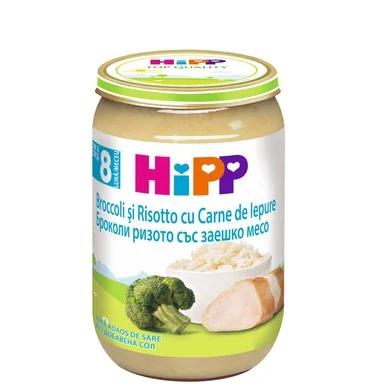 HiPP, пюре от ризото броколи и заешко, 8+ месеца, 220 гр.
