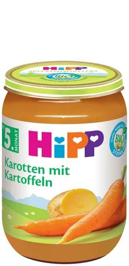 HiPP Bio,  зеленчуково пюре от ранни моркови с картофи 4+ месеца, 190 гр.
