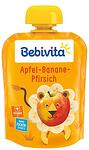 Bebivita, плодово пюре, пауч от банан, праскова и ябълка, 12+ месеца, 90 гр.