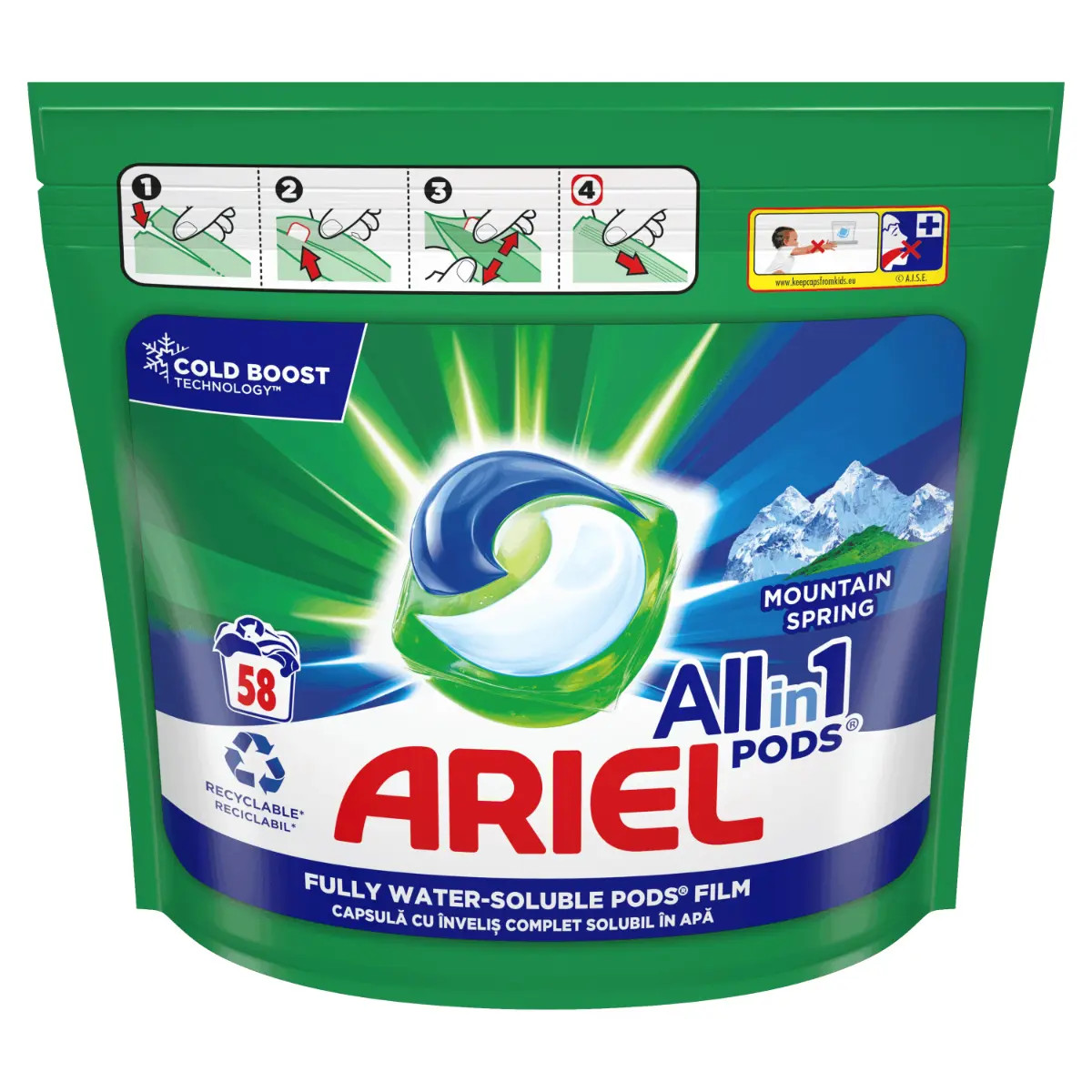 Ariel All in One PODS Mountain Spring, 58 изпирания, капсули за цветно пране