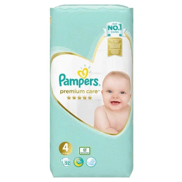 Пелени за бебе, Pampers Premium Care Value Pack, размер 4, 9-14 кг., 52 броя.