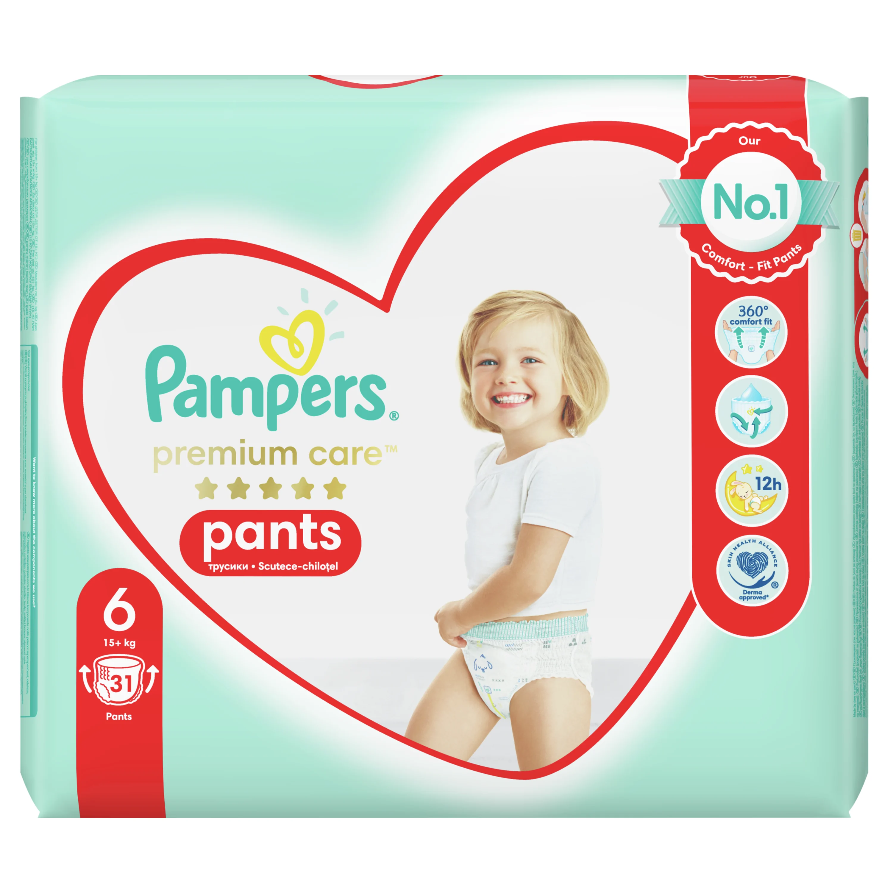 Пелени-гащички за бебе, Pampers Premium Care Pants, размер 6, 15+ кг, 31 бр.