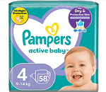 Пелени за бебе, Pampers Active Baby, размер 4, 9-14 кг, 58 бр.