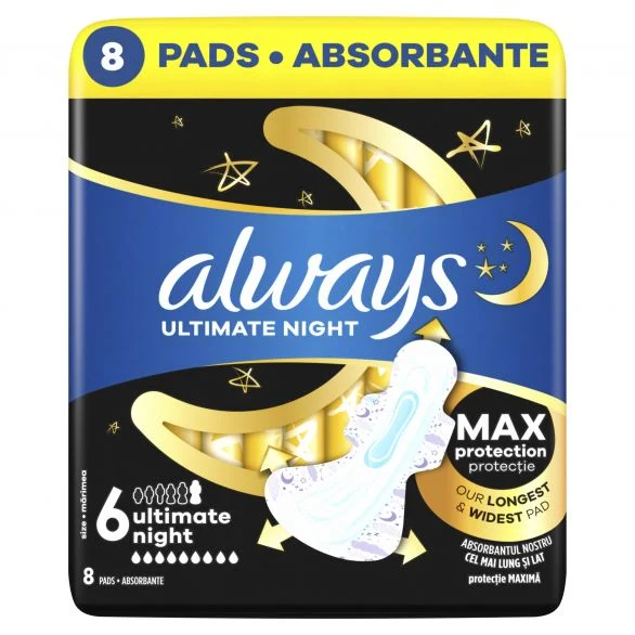 Always Ultra, Ultimate Night, дамски превръзки с крилца, 8 бр.