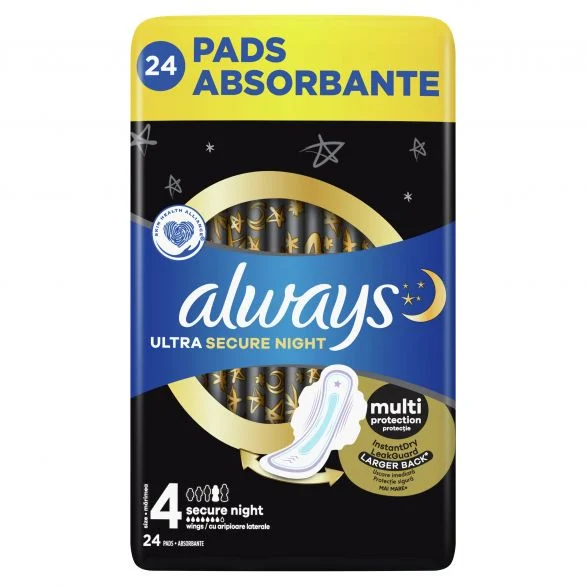Always Ultra, Secure Night, дамски превръзки с крилца, 24 бр.
