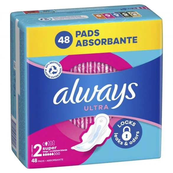 Always Ultra, Super 2, дамски превръзки с крилца, 48 бр.