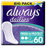Always Dailies, Fresh & Protect, Normal, без аромат, ежедневни дамски превръзки, 60 бр.