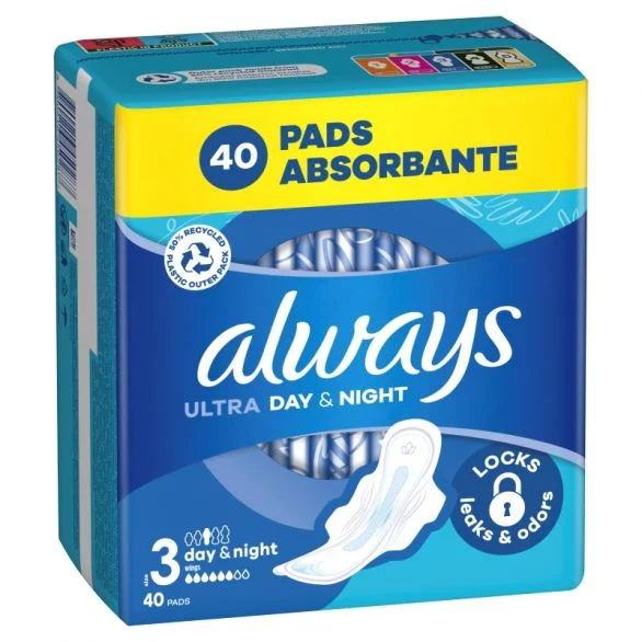 Always Ultra, Day & Night 3, дамски превръзки с крилца, 40 бр.