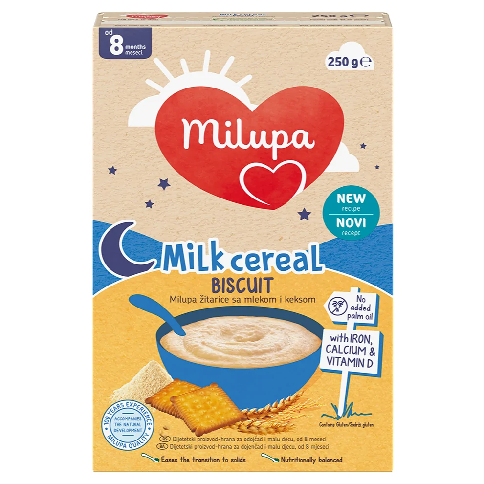 Milupa, млечна каша с бисквити, след 8-ия месец, 250 гр.