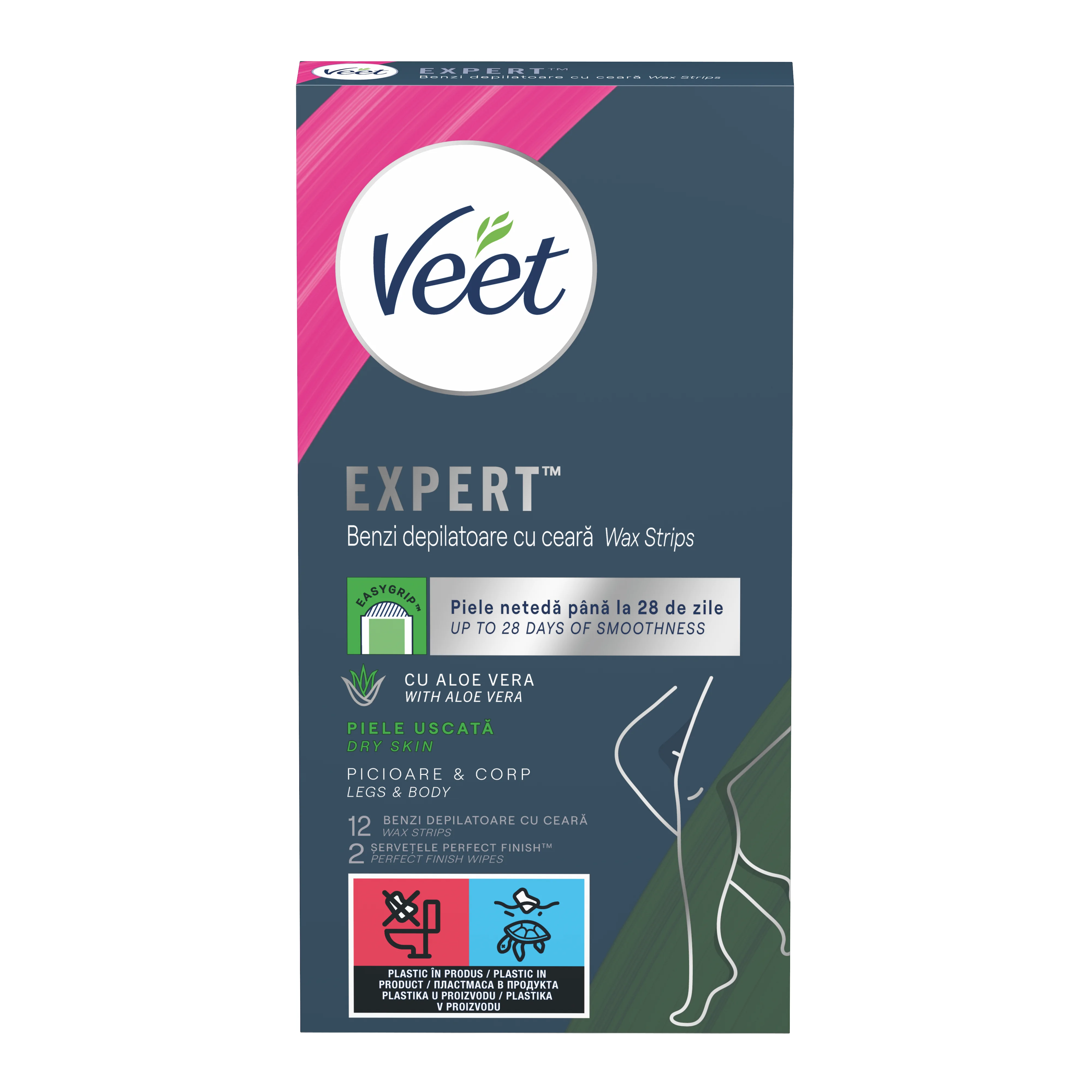 Veet Еxpert Dry Skin, Ленти за тяло и крака с алое вера за нормална и суха кожа, 12 бр.