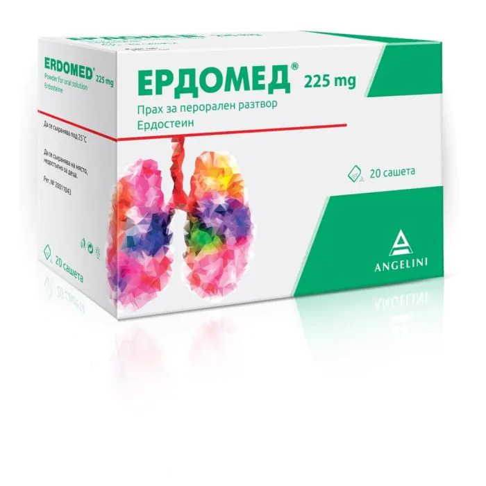Ердомед, 225 мг, при суха и продуктивна кашлица, 20 сашета, от Angelini Pharma