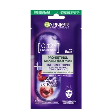 Garnier Skin Naturals Pro Retinol, Хартиена регенерираща маска за лице с ретинол и акай бери, 15 г