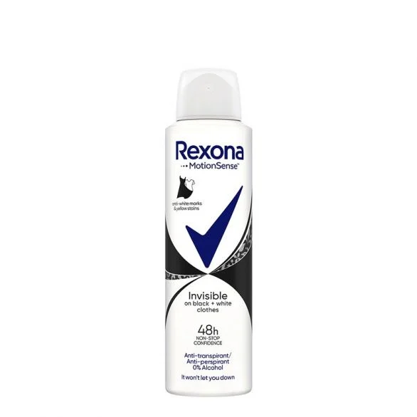 Rexona, Motion Sense, Invisible Black+White, 0% Alcohol, дамски дезодорант, против изпотяване и петна, 150 мл.