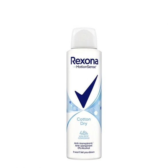 Rexona, Motion Sense, Cotton Dry, 0% Alcohol, дамски дезодорант, против изпотяване и петна, 150 мл.