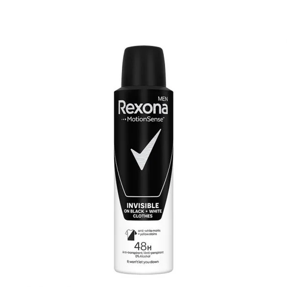 Rexona, Motion Sense, Invisible Black & White, мъжки дезодорант против изпотяване и петна, 150 мл.