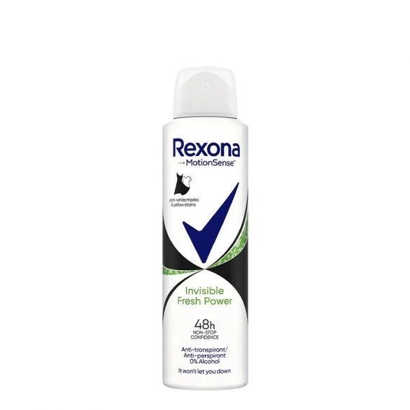 Rexona, Motion Sense, Invisible Fresh Power, 0% Alcohol, дамски дезодорант, против изпотяване и петна, 150 мл.