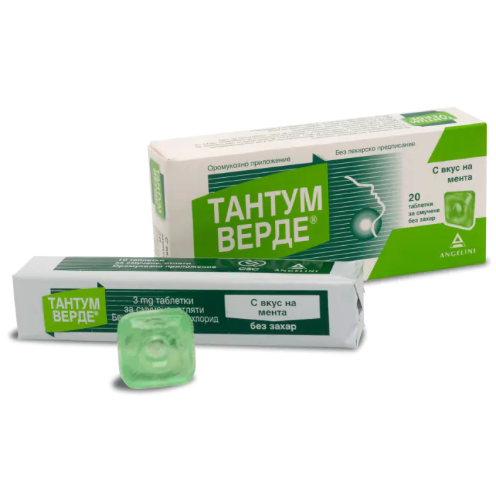 Тантум Верде, с вкус на мента, при възпалено гърлото за възрастни и деца, 20 таблетки за смучене, от Angelini Pharma
