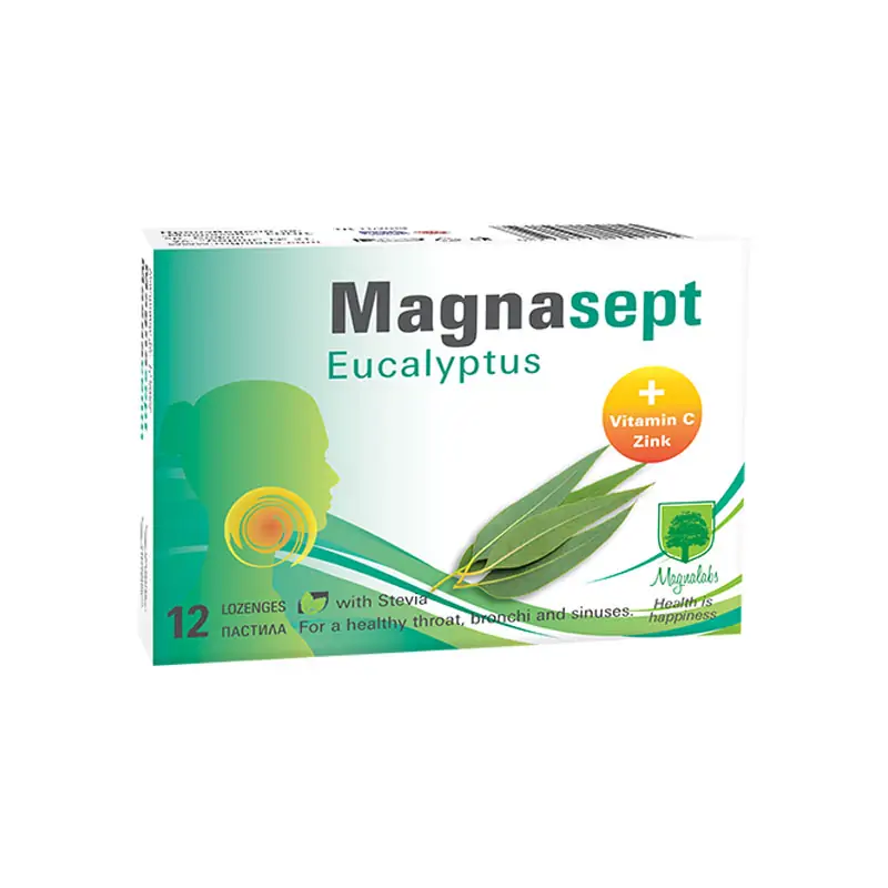Magnasept Eucalyptus, за гърло, бронхи и синуси с вкус на евкалипт за деца и възрастни, 12 пастила, от Magnalabs