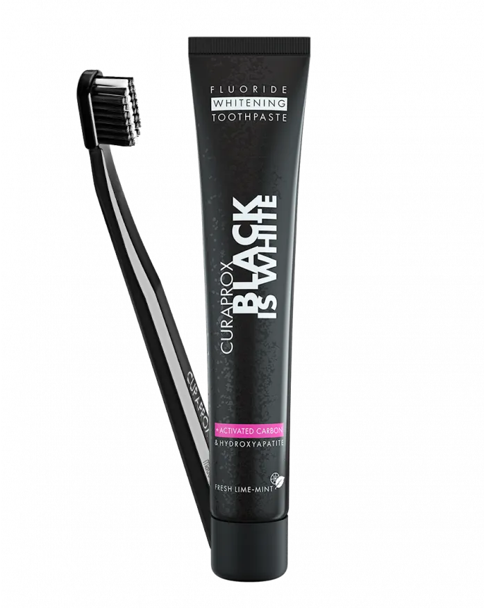 CURAPROX, Black is White, комплект избелваща паста за зъби с активен въглен и четка, 90 мл.