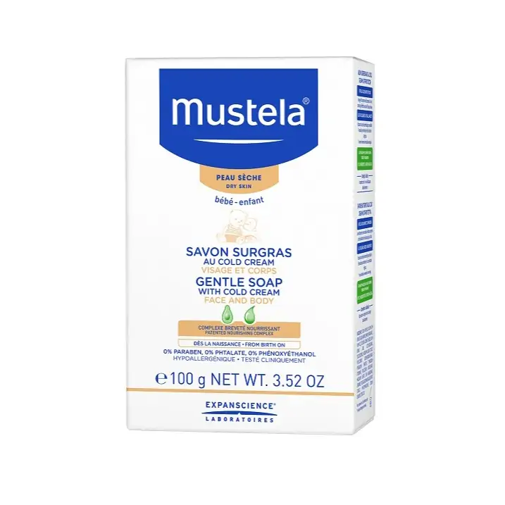 Mustela, Bébé Gentle Soap Cold Cream, бебешки почистващ сапун за суха кожа за лице и тяло, 100 гр.