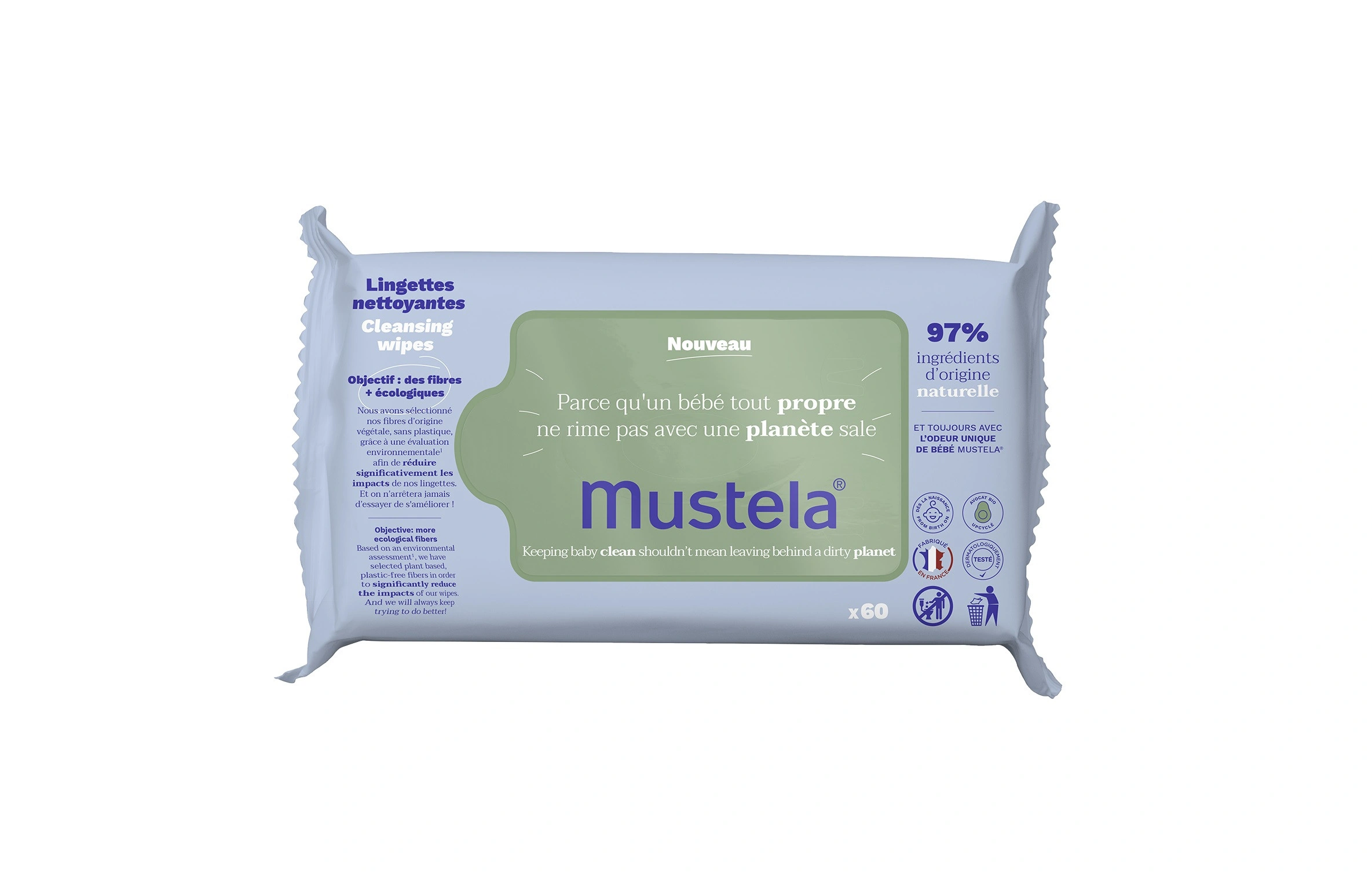 Mustela, Avocado Cleansing Wipes, бебешки мокри кърпички за лице и тяло, 60 бр.